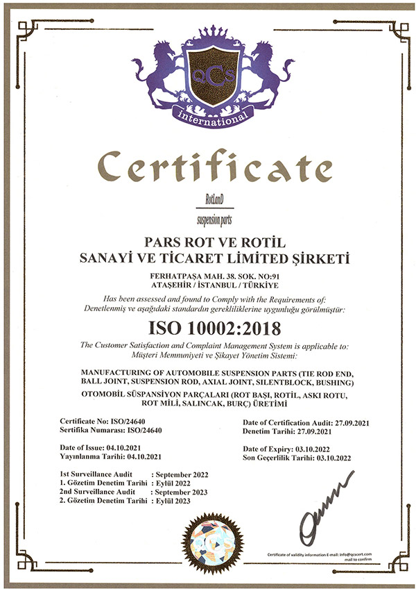 Pars Rot ve Rotil - ISO 10002
